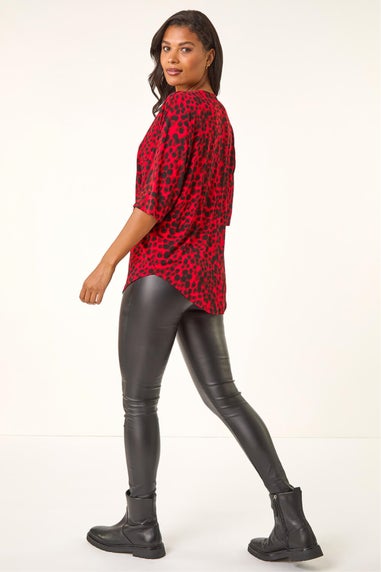 Roman Red Animal Print Zip Front Stretch Top