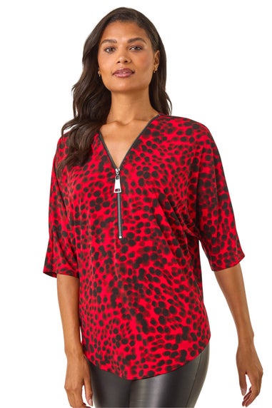 Roman Red Animal Print Zip Front Stretch Top