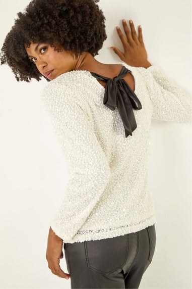 Roman Ivory Sequin Bow Back Snit Top