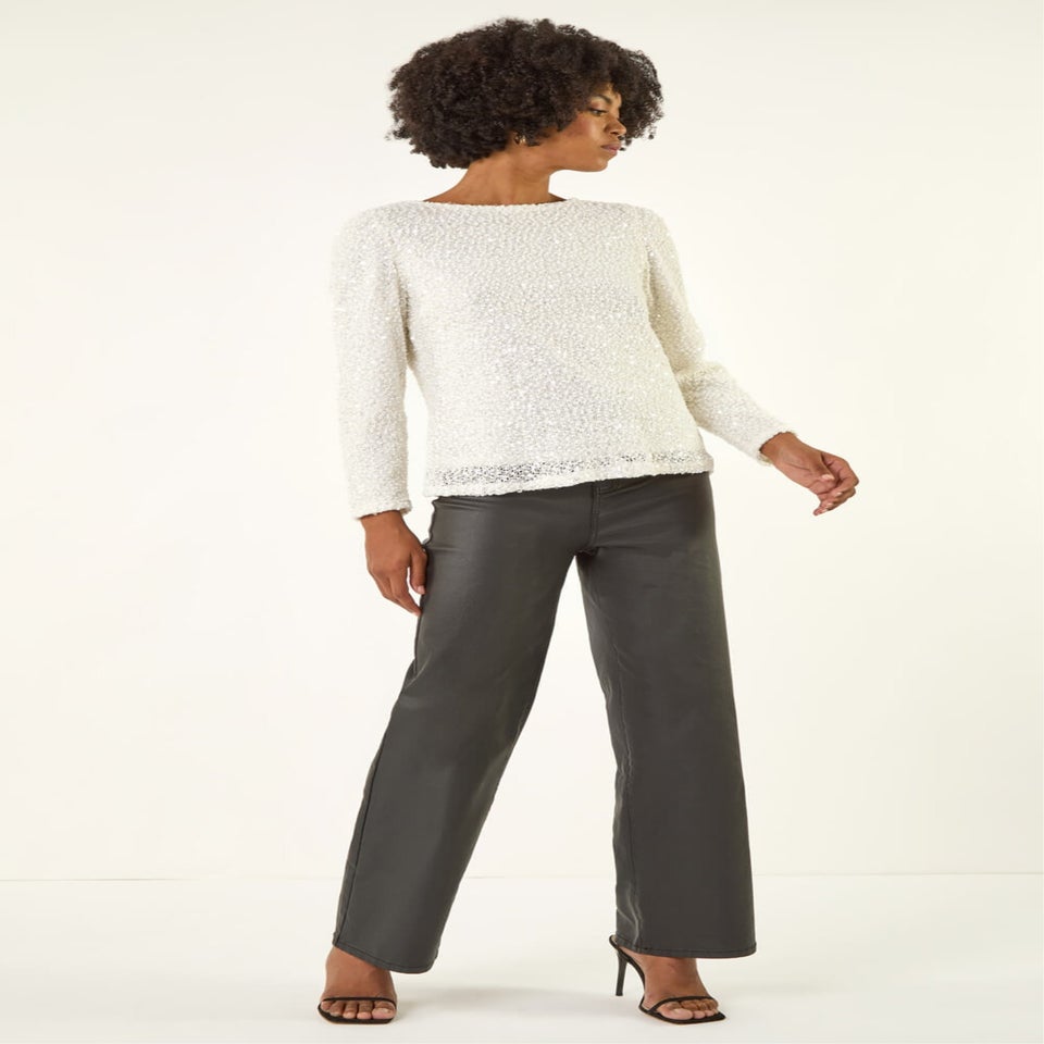 Roman Ivory Sequin Bow Back Snit Top