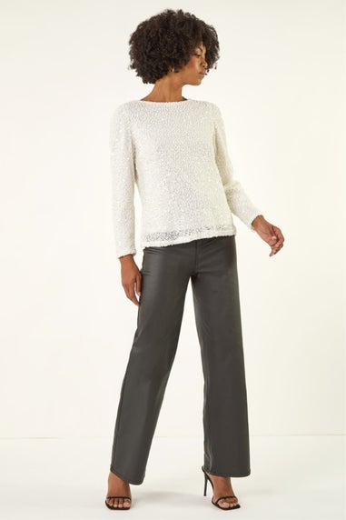 Roman Ivory Sequin Bow Back Snit Top