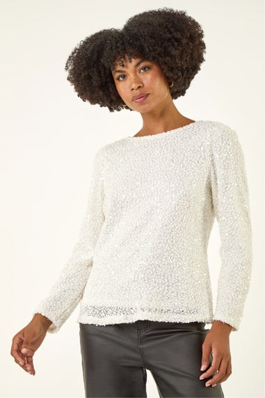 Roman Ivory Sequin Bow Back Snit Top
