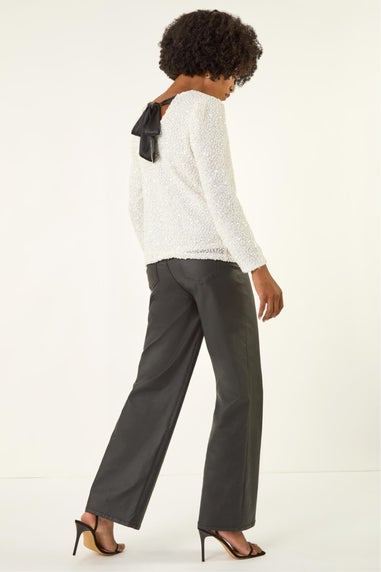 Roman Ivory Sequin Bow Back Snit Top