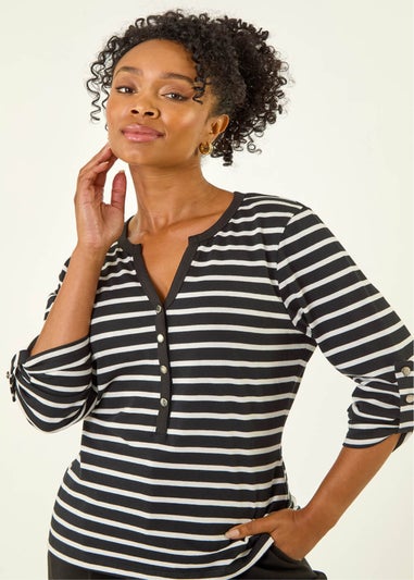 Roman Black Petite Stripe V-Neck Button Top