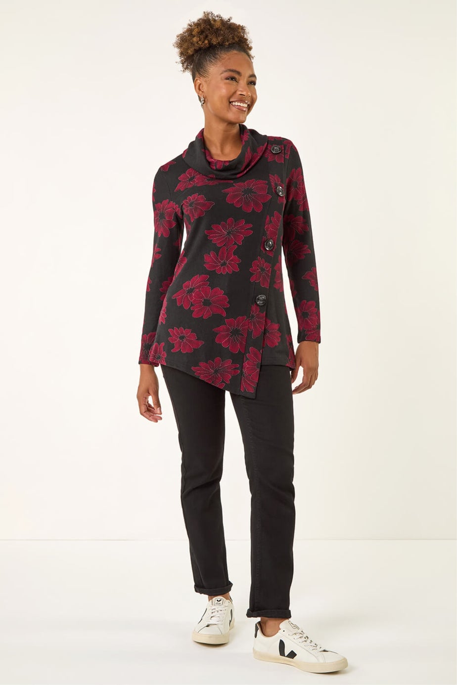 Roman Red Cowl Neck Buttoned Top