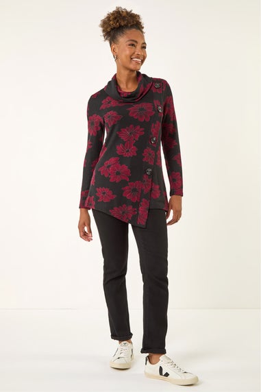 Roman Red Cowl Neck Buttoned Top