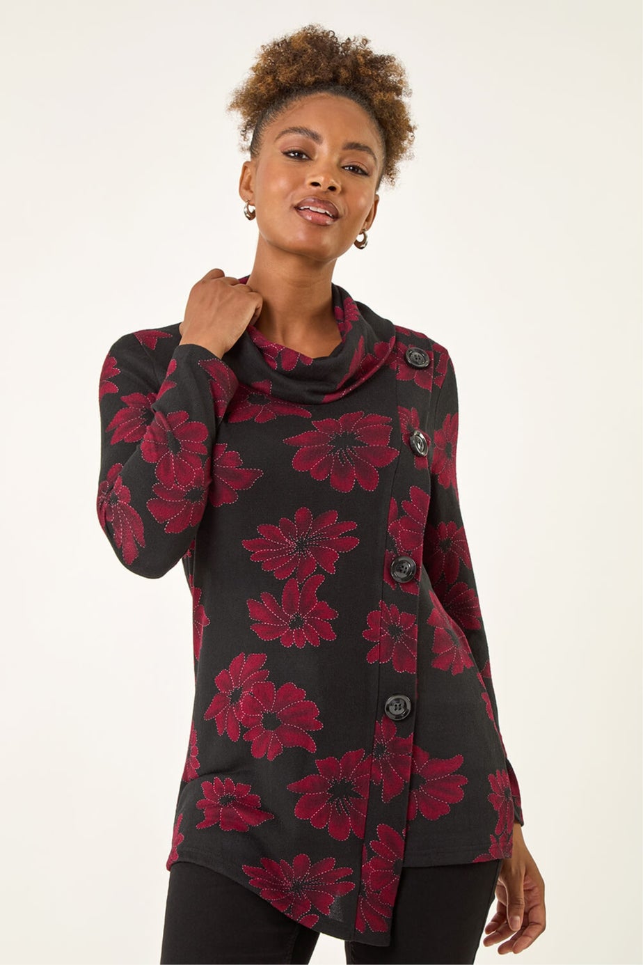 Roman Red Cowl Neck Buttoned Top