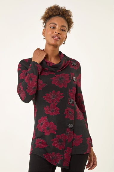 Roman Red Cowl Neck Buttoned Top