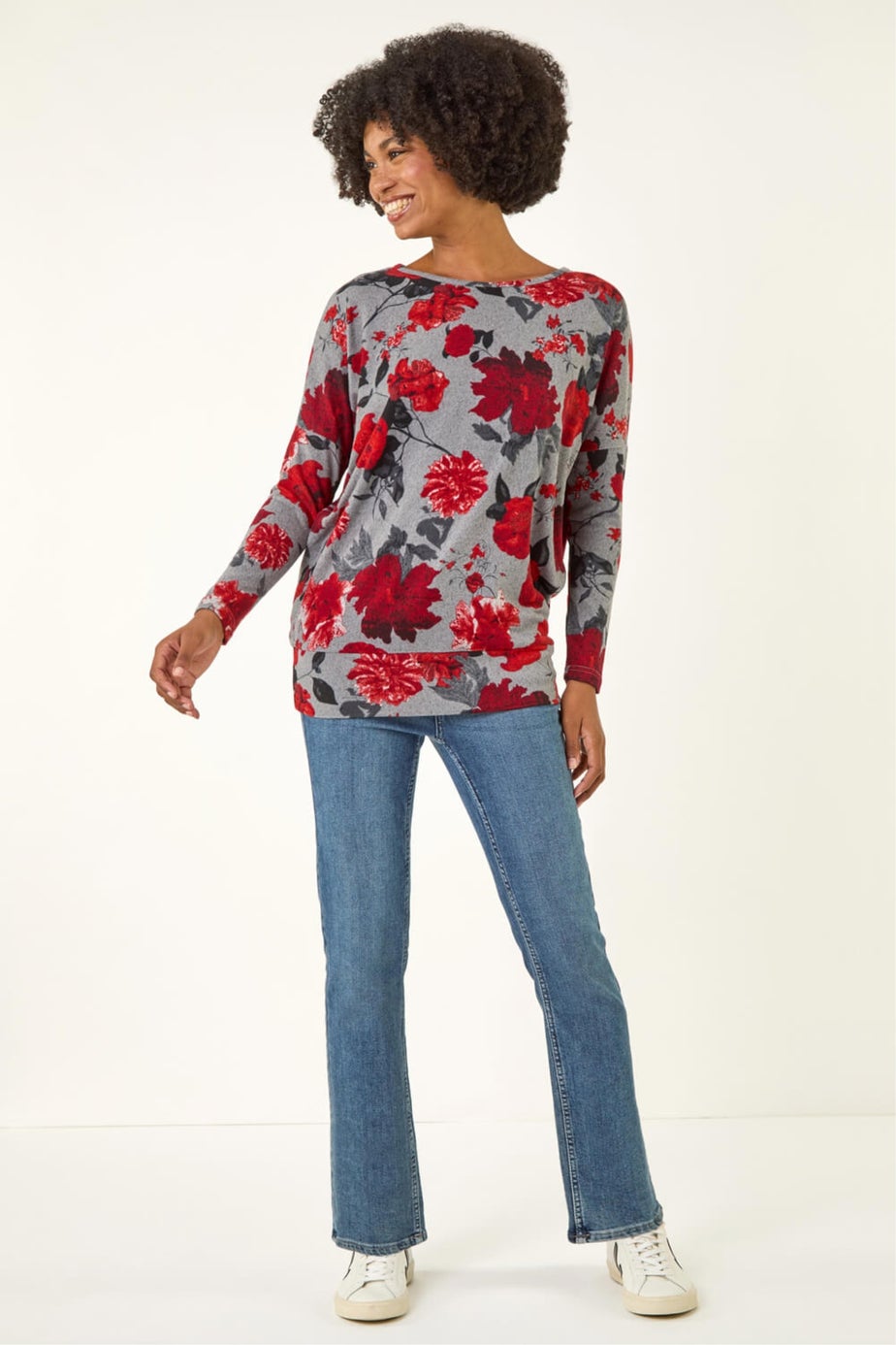 Roman Red Floral Banded Hem Top