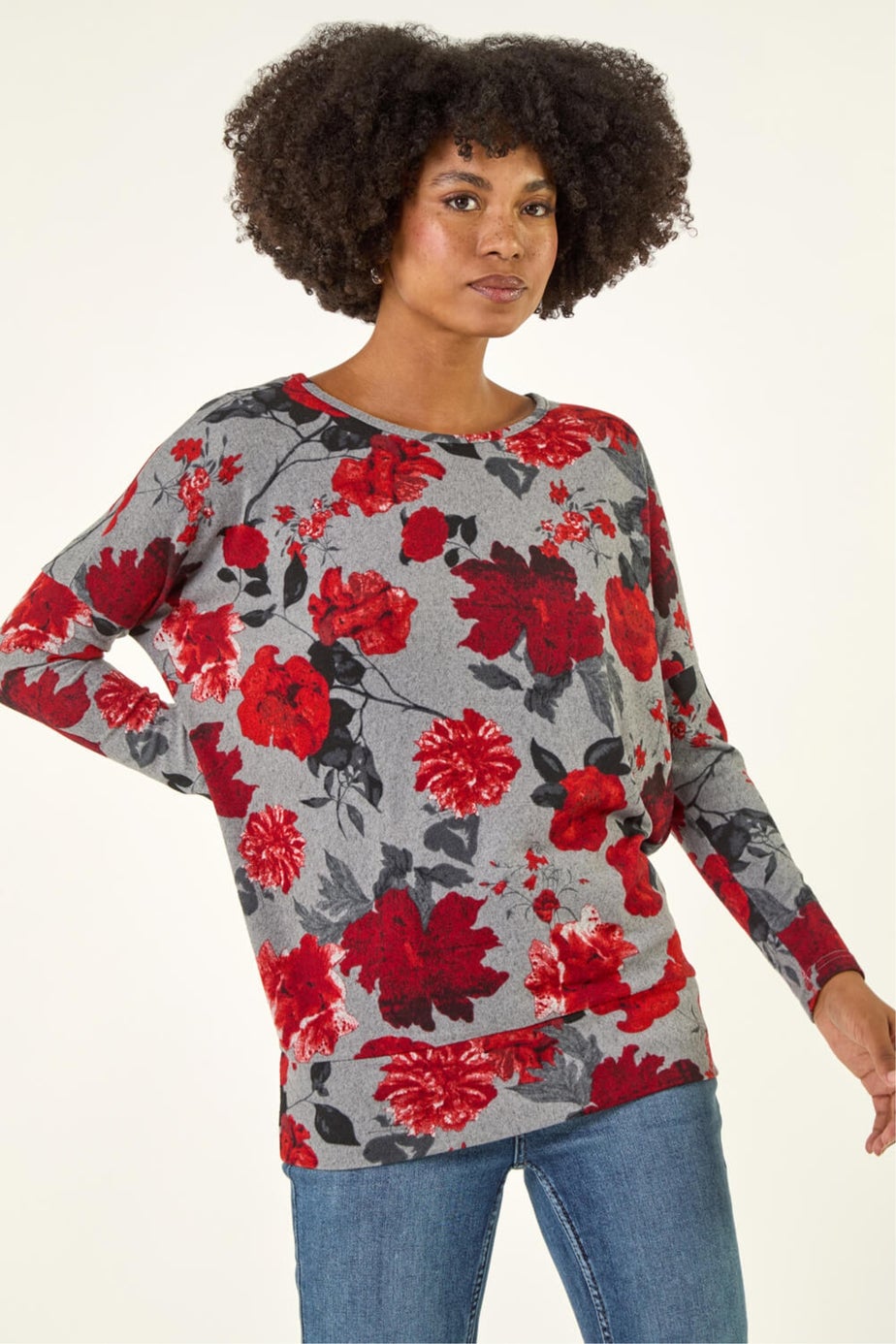 Roman Red Floral Banded Hem Top