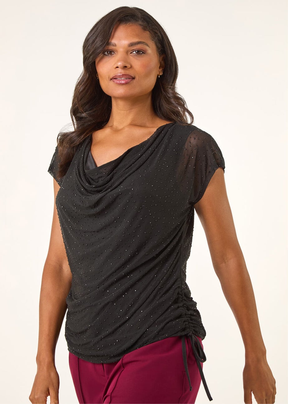 Roman Black Hotfix Cowl Neck Stretch Top