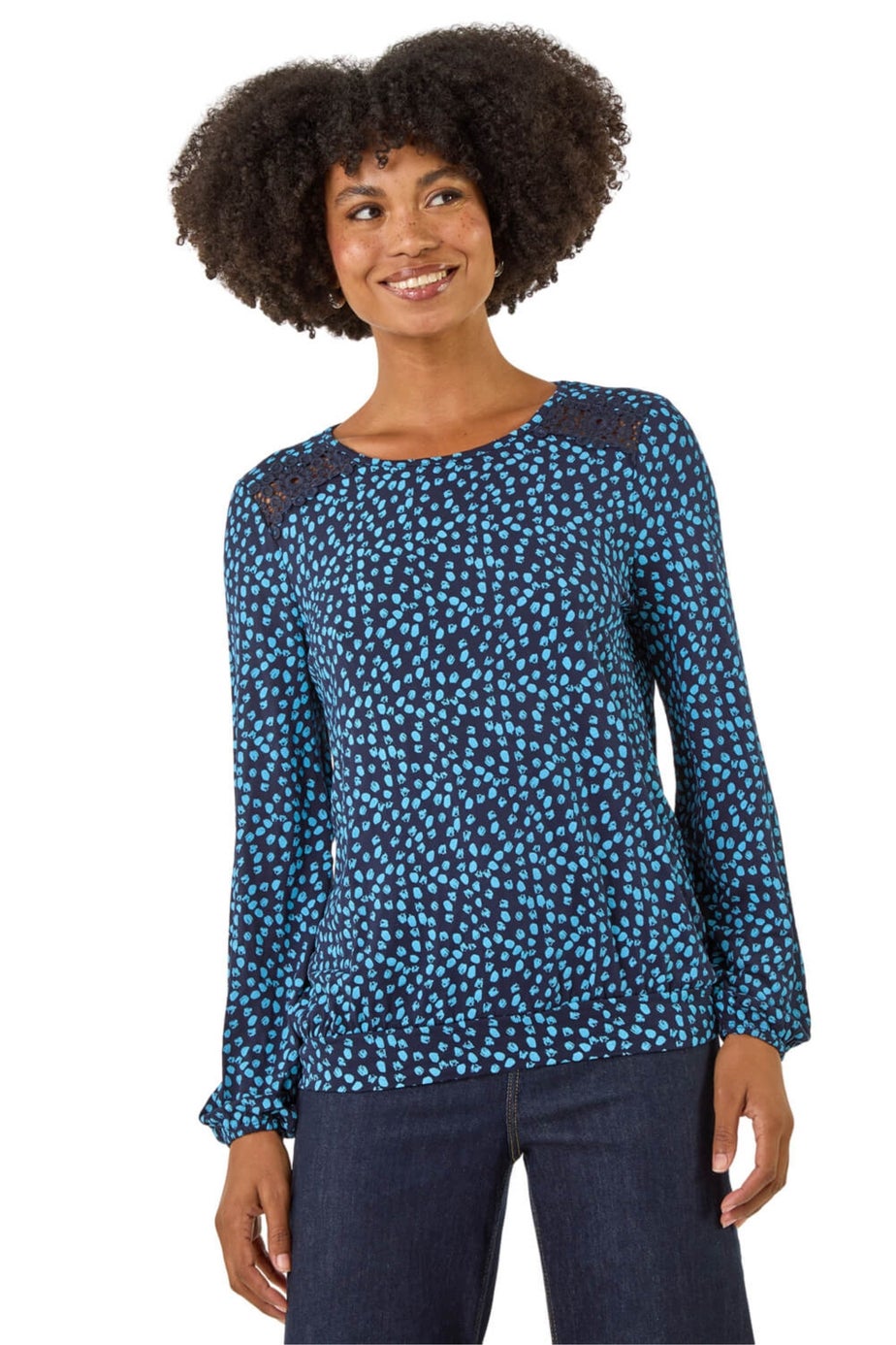 Roman Blue Printed Lace Stretch Top