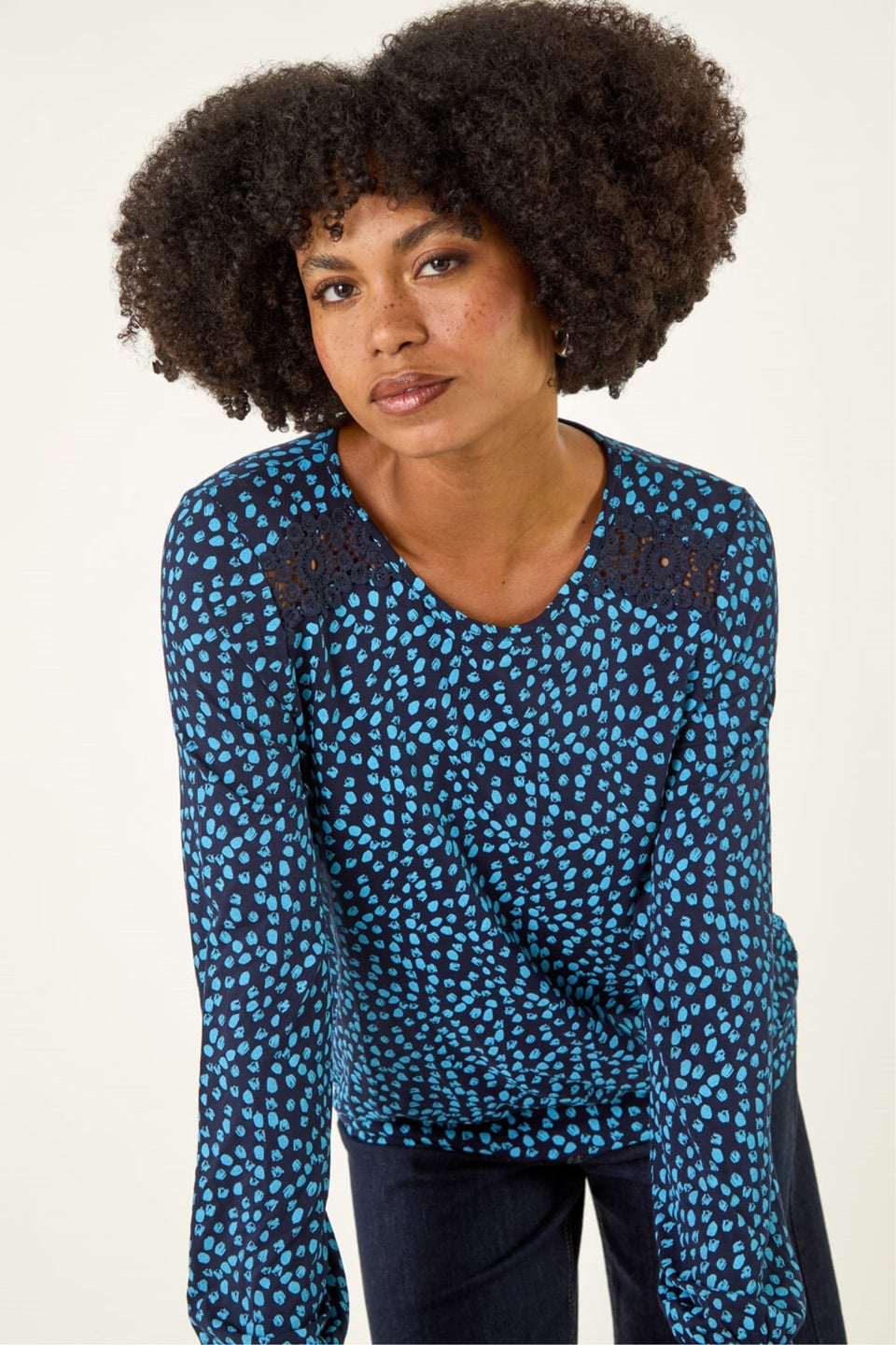 Roman Blue Printed Lace Stretch Top