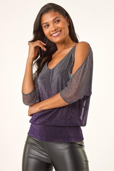 Roman Purple Metallic Plisse Banded Hem Top