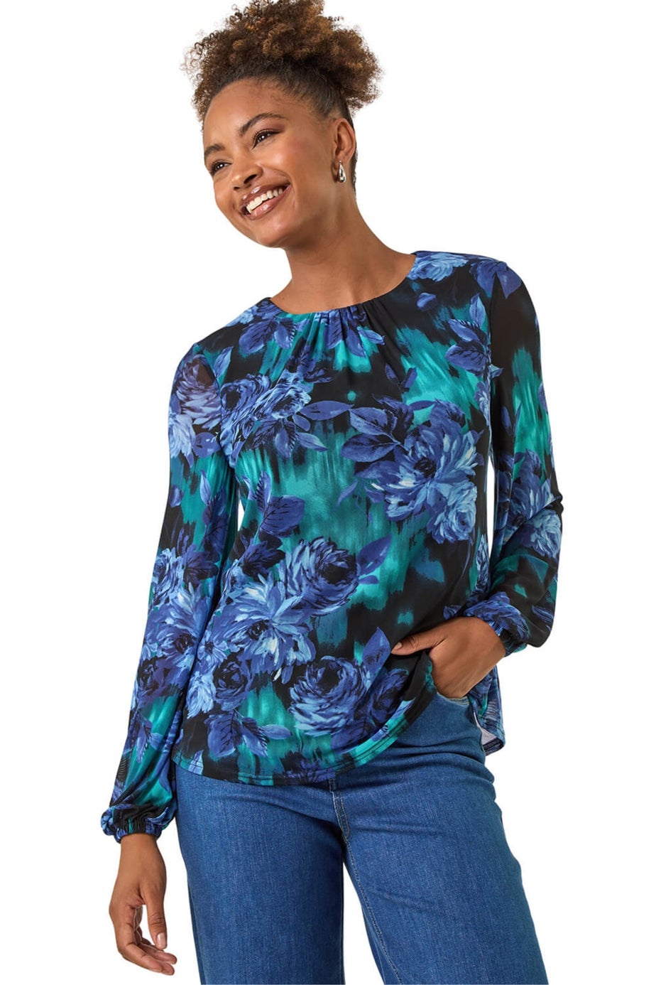 Roman Blue Floral Mesh Top