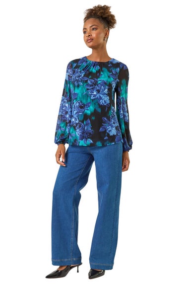 Roman Blue Floral Mesh Top