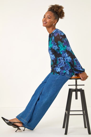Roman Blue Floral Mesh Top