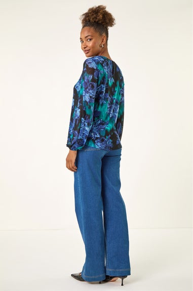 Roman Blue Floral Mesh Top