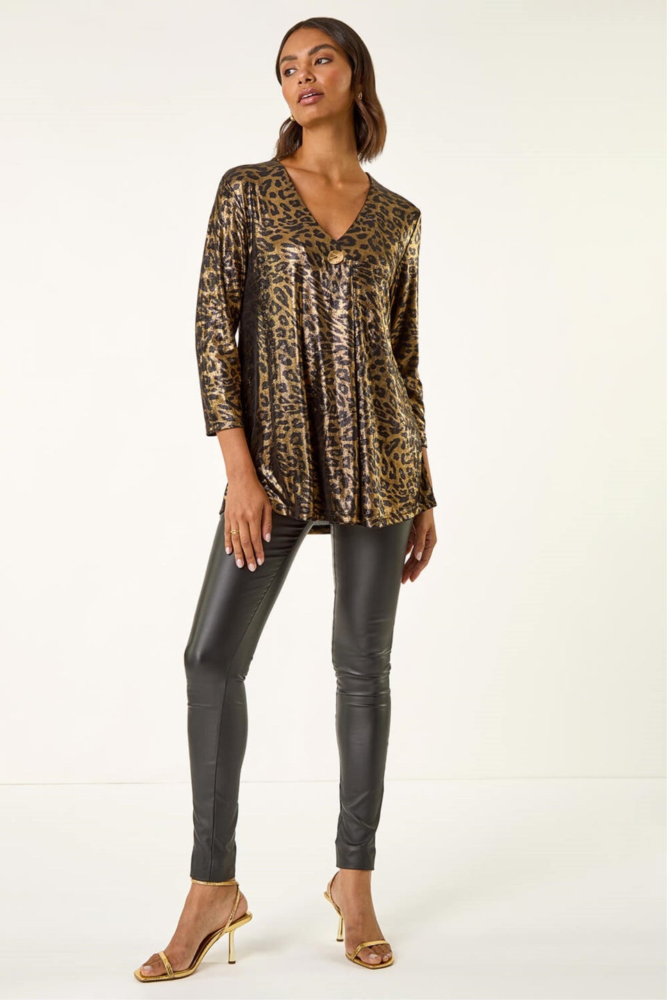 Roman Gold Metallic Animal Print Tunic Top