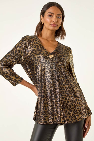 Roman Gold Metallic Animal Print Tunic Top