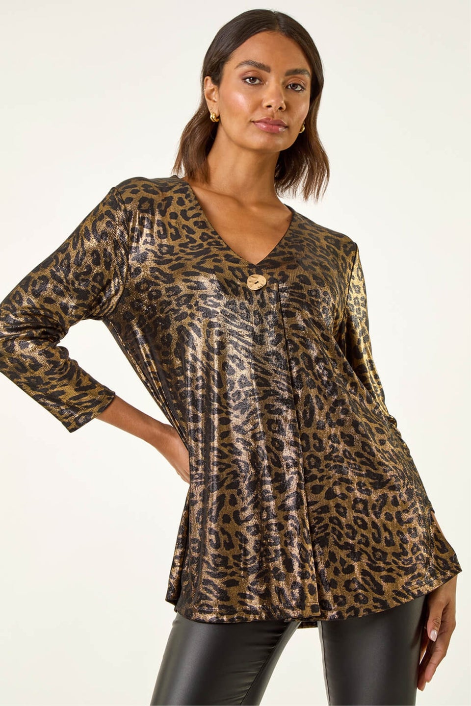 Roman Gold Metallic Animal Print Tunic Top