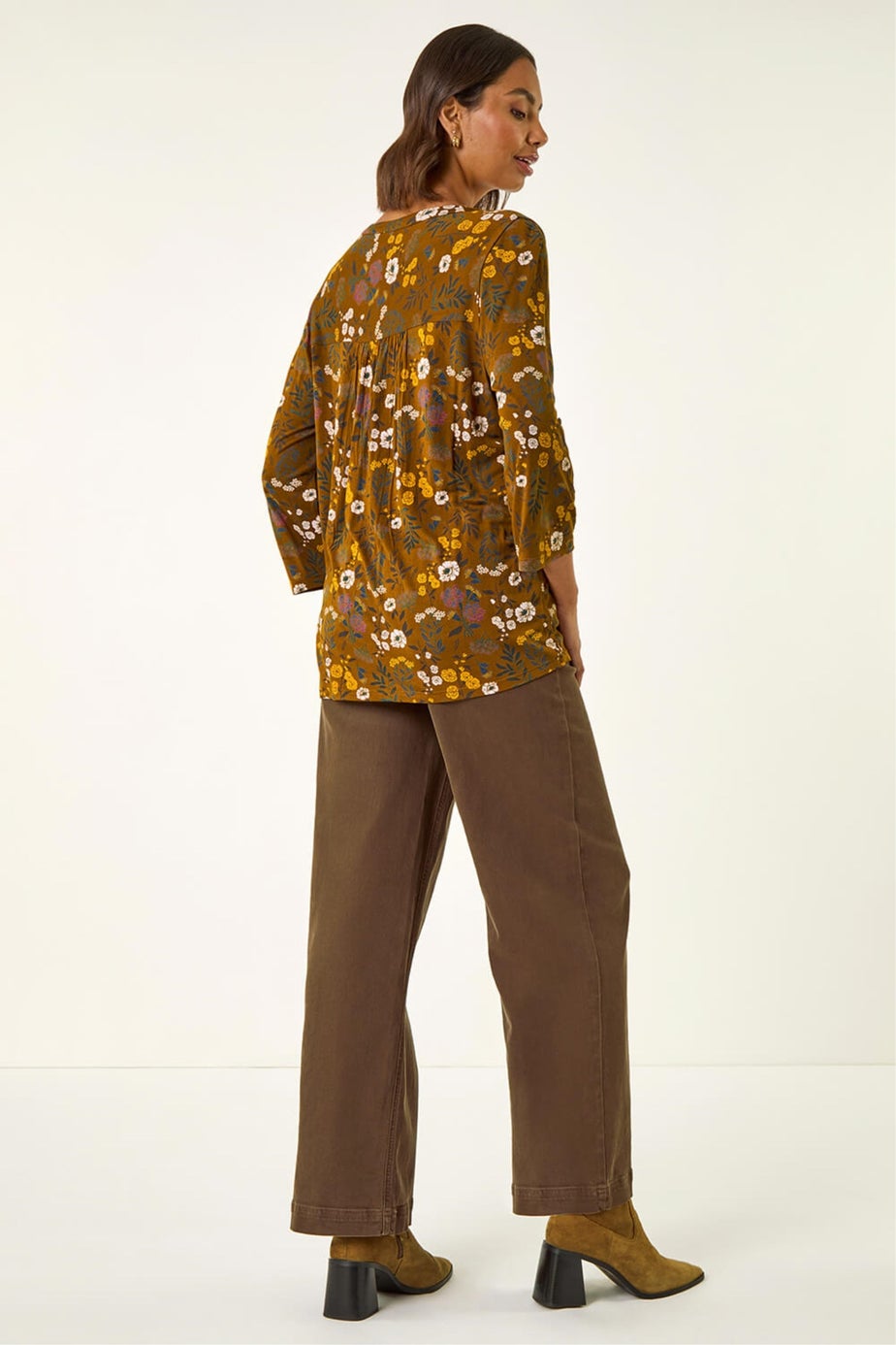 Roman Ochre Textured Floral Pintuck Tunic Top