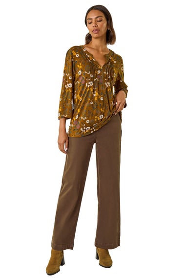 Roman Ochre Textured Floral Pintuck Tunic Top
