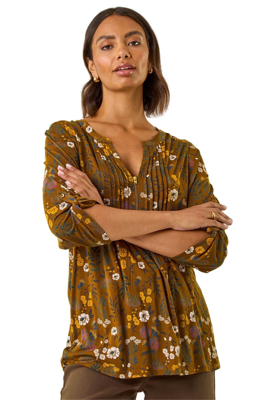 Roman Ochre Textured Floral Pintuck Tunic Top