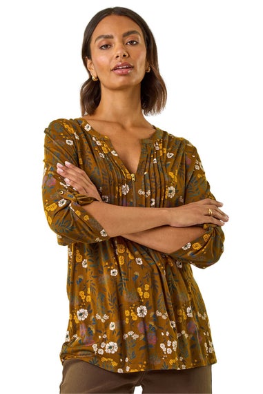 Roman Ochre Textured Floral Pintuck Tunic Top