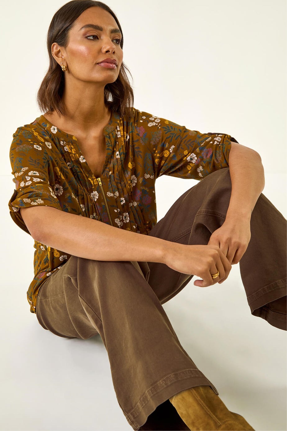 Roman Ochre Textured Floral Pintuck Tunic Top