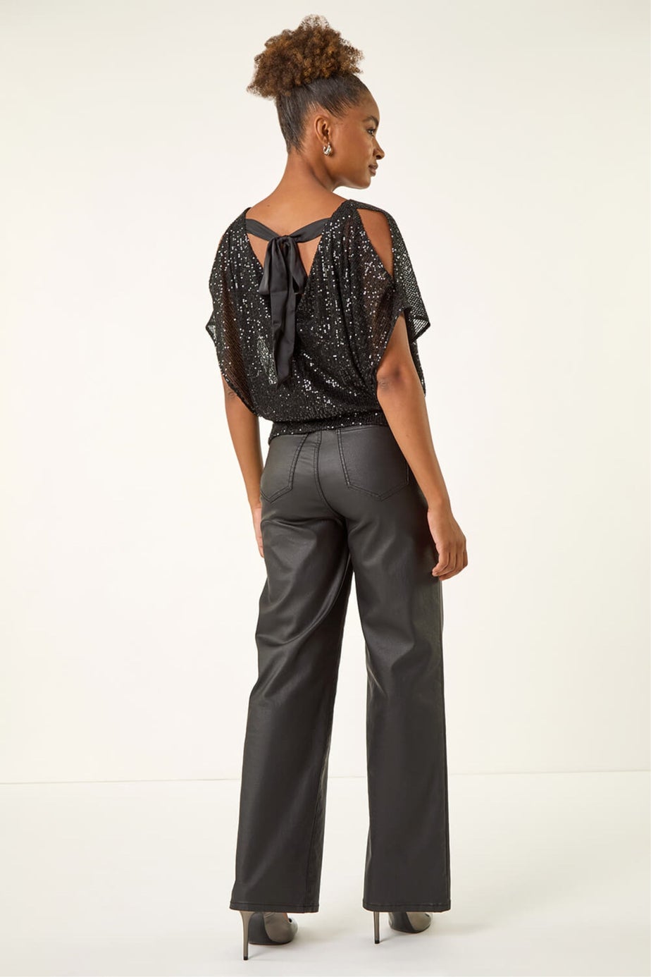 Roman Black Sequin Mesh Bow Back Top