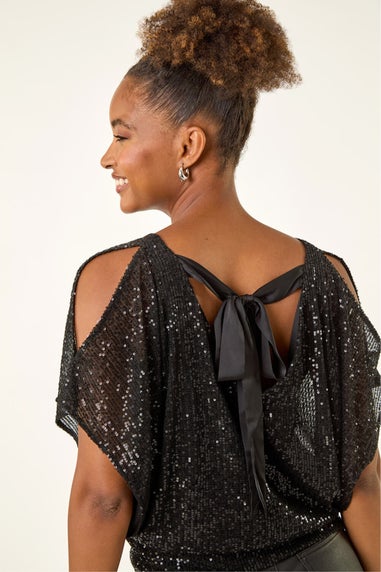 Roman Black Sequin Mesh Bow Back Top