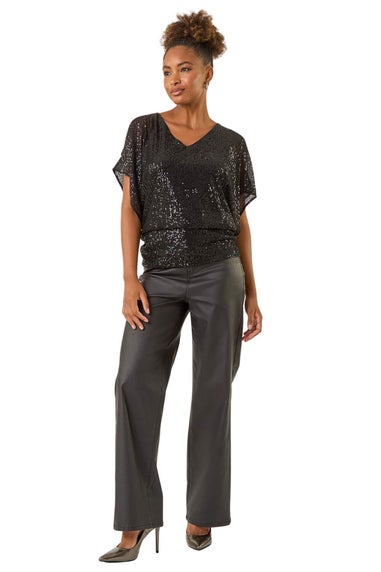 Roman Black Sequin Mesh Bow Back Top