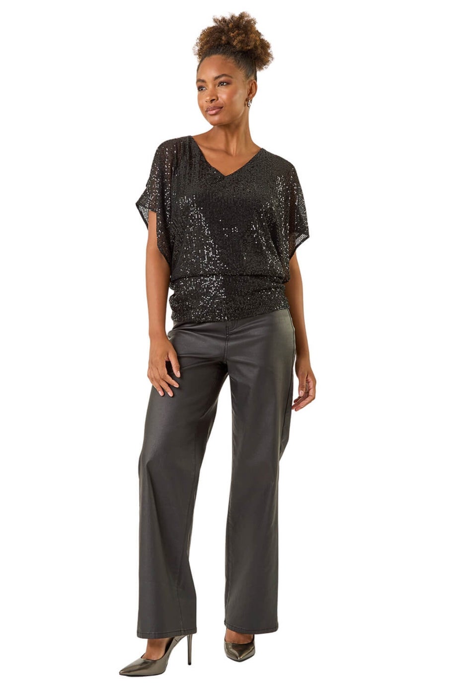 Roman Black Sequin Mesh Bow Back Top