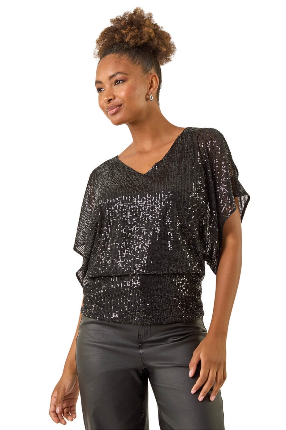 Roman Black Sequin Mesh Bow Back Top