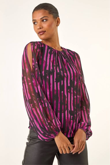Roman Pink Strip Print Mesh Overlay Top