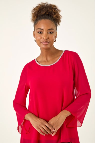 Roman Red Diamante Asymmetric Chiffon Top