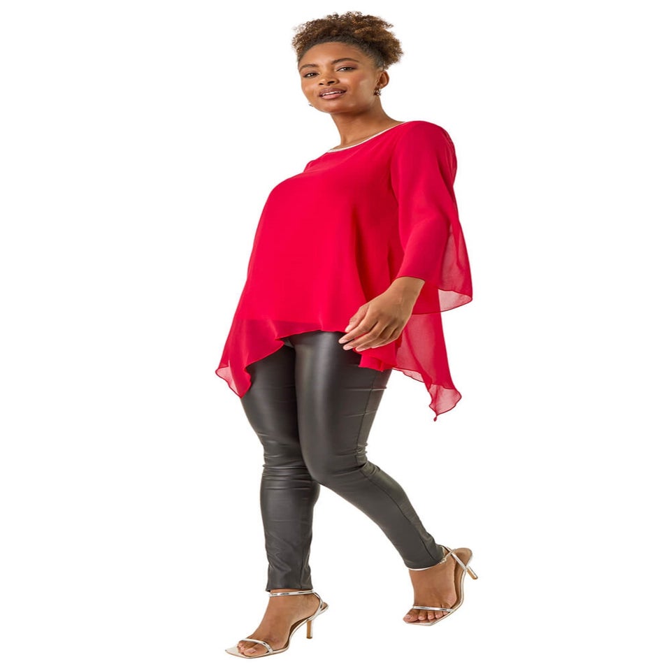 Roman Red Diamante Asymmetric Chiffon Top