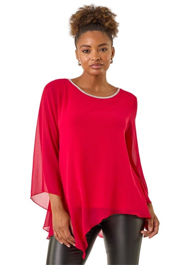 Roman Red Diamante Asymmetric Chiffon Top