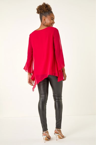 Roman Red Diamante Asymmetric Chiffon Top