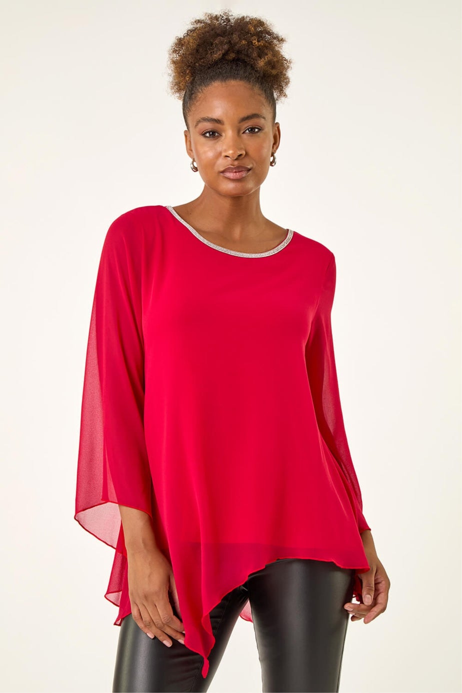 Roman Red Diamante Asymmetric Chiffon Top