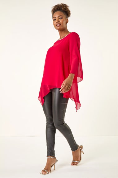 Roman Red Diamante Asymmetric Chiffon Top