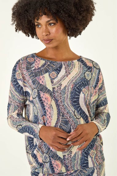 Roman Pink Abstract Print Banded Hem Stretch Top