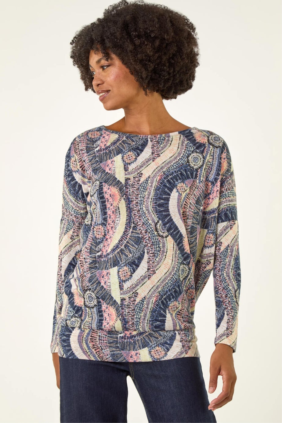 Roman Pink Abstract Print Banded Hem Stretch Top