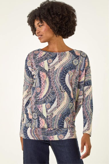 Roman Pink Abstract Print Banded Hem Stretch Top