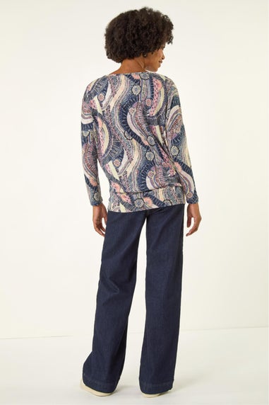 Roman Pink Abstract Print Banded Hem Stretch Top