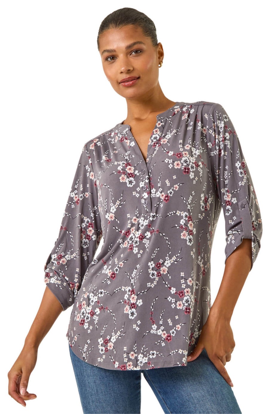 Roman Grey Floral Puff Print Stretch Shirt