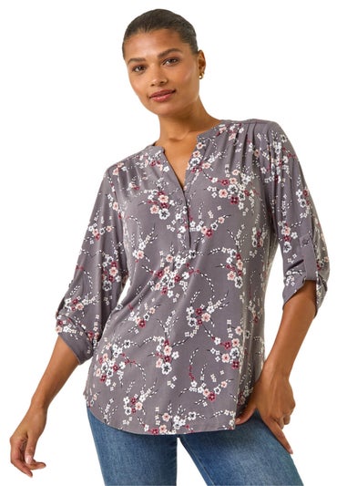 Roman Grey Floral Puff Print Stretch Shirt
