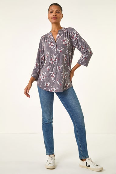Roman Grey Floral Puff Print Stretch Shirt