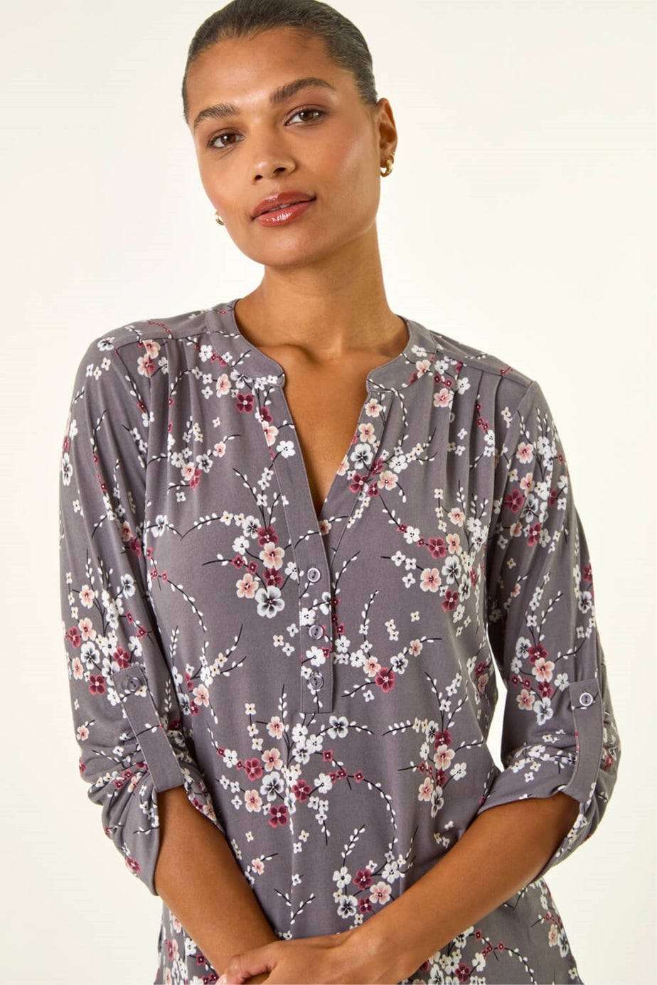 Roman Grey Floral Puff Print Stretch Shirt